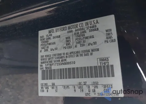 2003 Ford F-150 Xl/Xlt из США, поврежденный, VIN 1FTRF17233NB00510